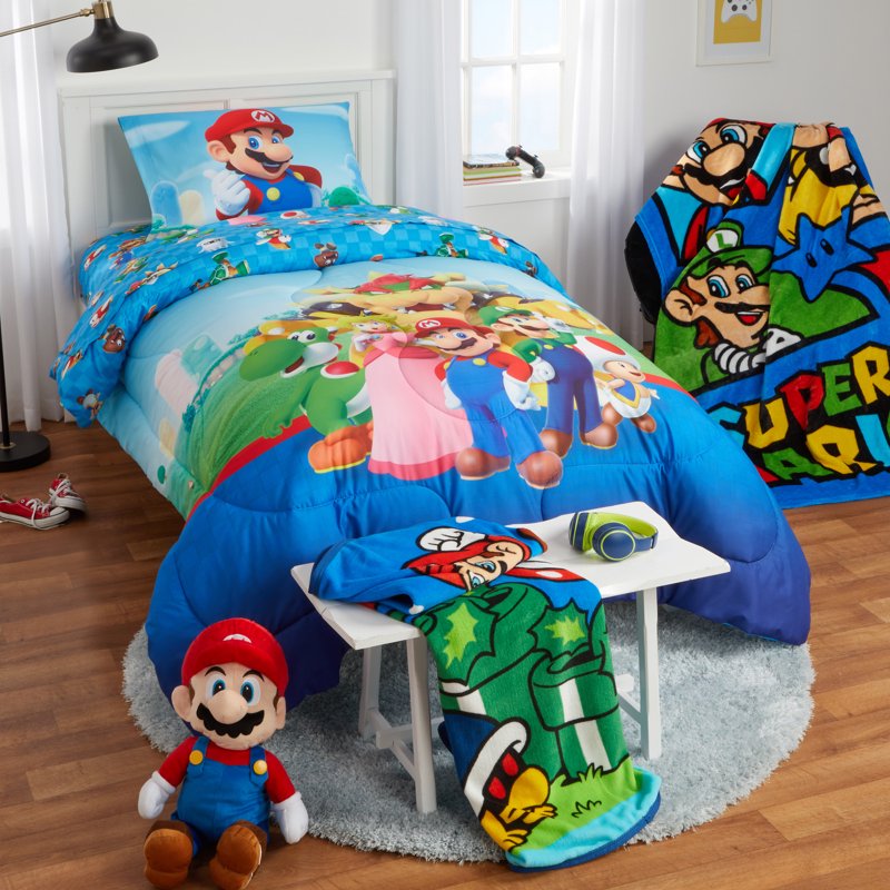 Super Mario Kids Blue Print Fleece Bed Blanket - Licensed Mario Variation