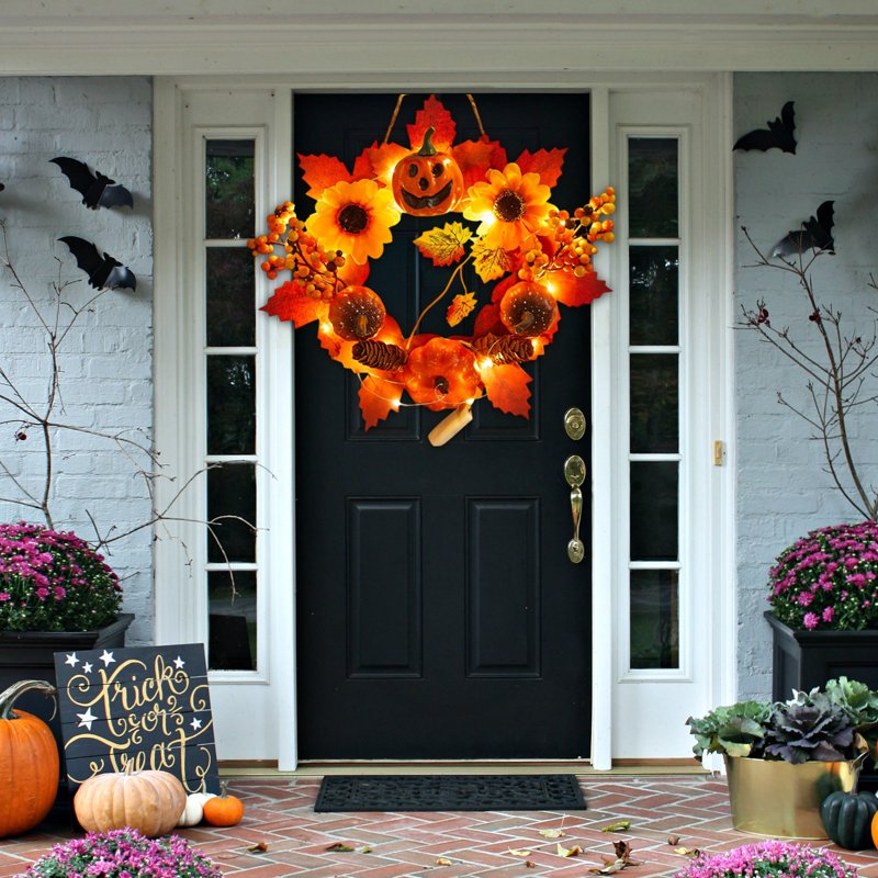 Nkmbld Fall Wreath for Front Door D-9 Large Halloween Thanksgiving Decor with Orange Maple Leaves