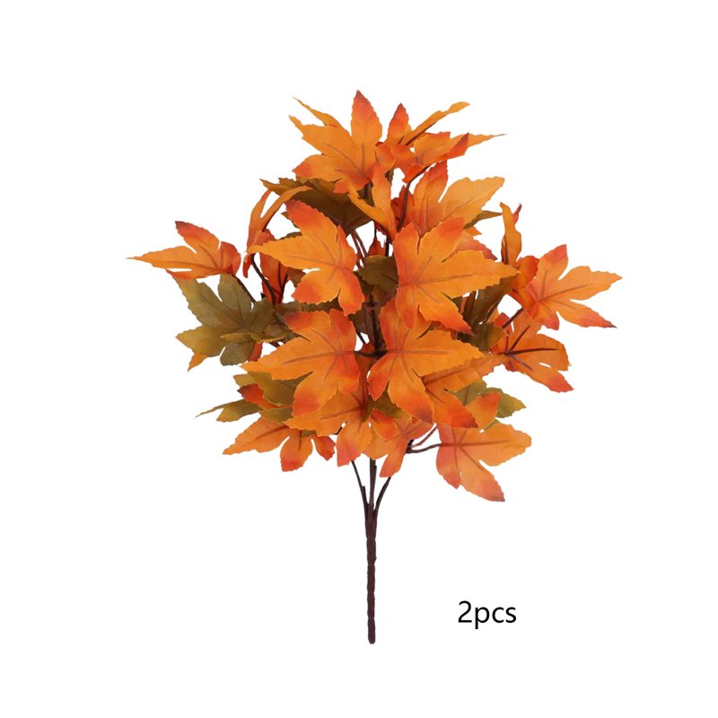 Artificial Maple Leaf Bushes for Fall Decor, 2Pcs Orange Plastic Autumn Stems for Vase & Centerpieces - Halloween Thanksgiving