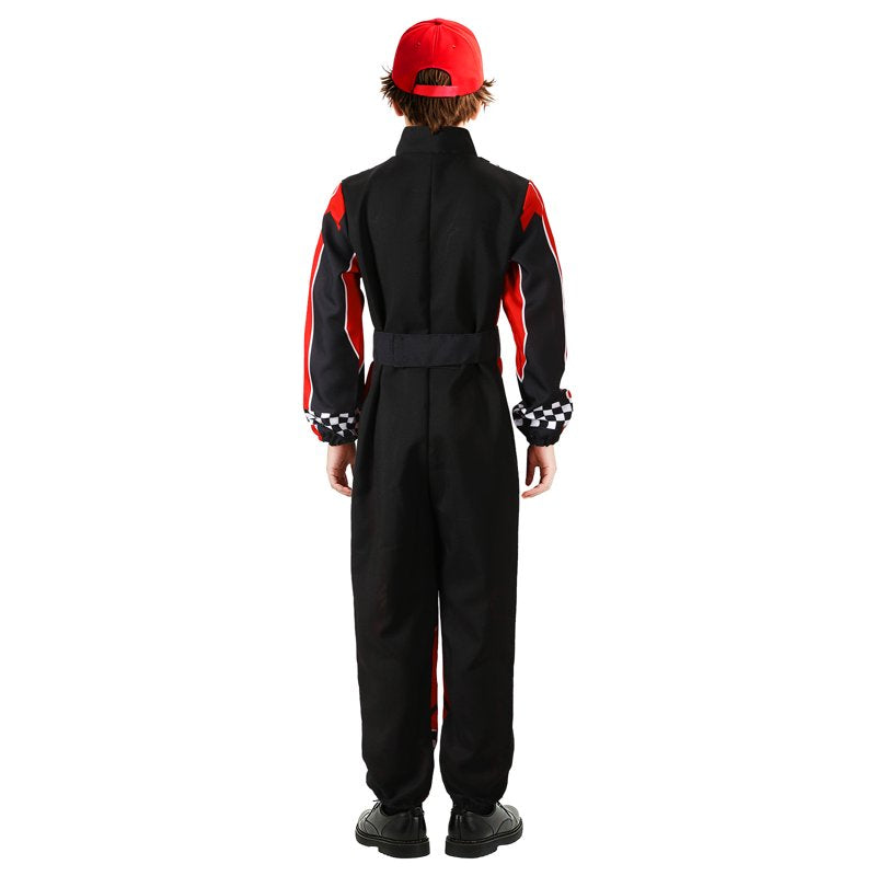 Kids Race Car Driver Costume Jumpsuit with Car Cap - Size L/10-12 Years Halloween Dress Up