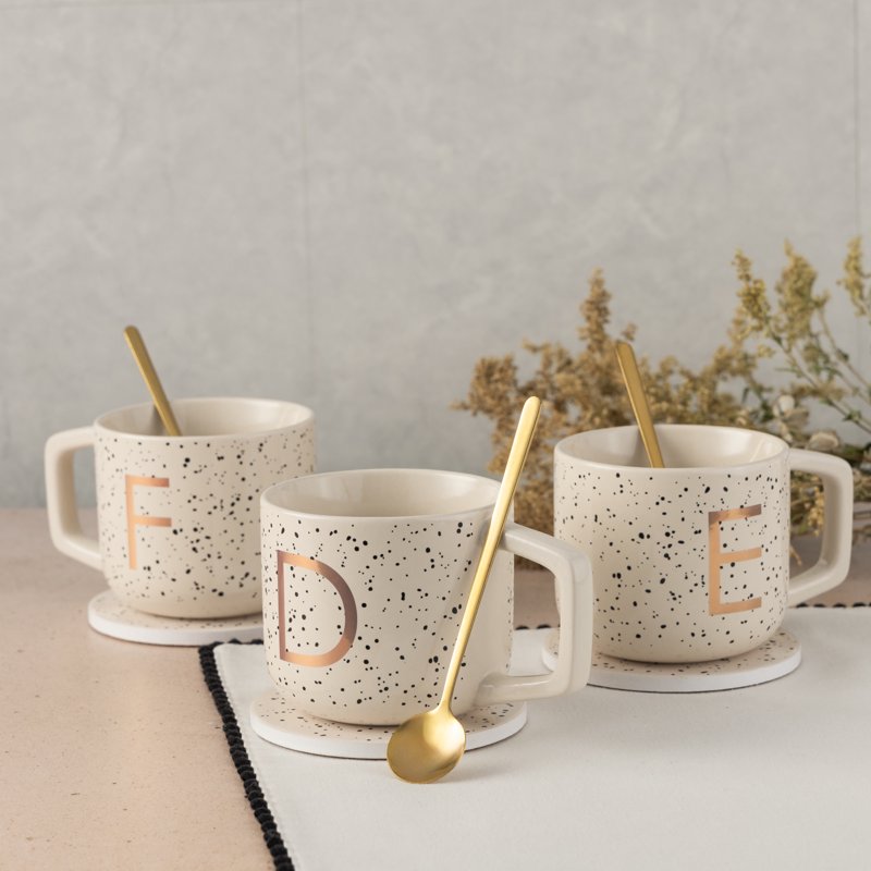 Monogram F Stoneware Coffee Mug Set with Coaster & Stir Spoon