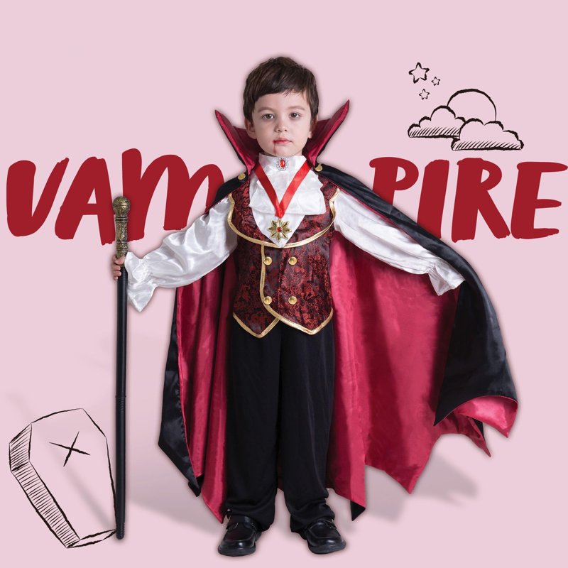 Kids Vampire Costume Gothic Halloween Dress Up - Black & Red, 5-7 Years