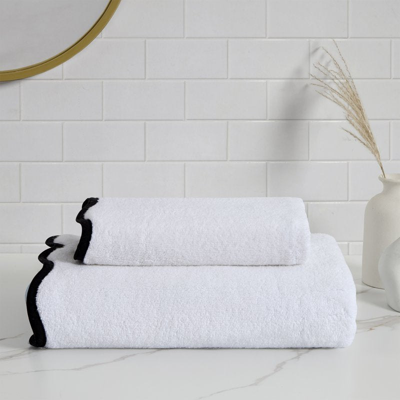 Cotton Hand & Bath Towel Set - White & Black Scallop Border, 2 Piece - Modern Farmhouse Style