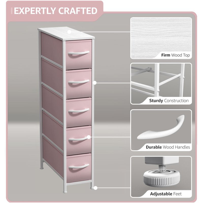 Sorbus Pink Narrow 5-Drawer Dresser - Slim Fabric Storage Chest