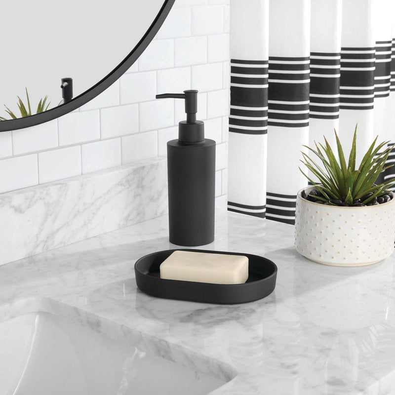 16-Piece Bathroom Shower Curtain Set with Rug, Hooks, Soap Dispenser & Tray - Black Stripe