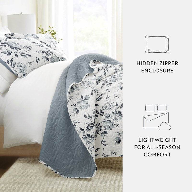 Queen Light Blue Rose Garden Reversible Quilt Set - Soft & Hypoallergenic