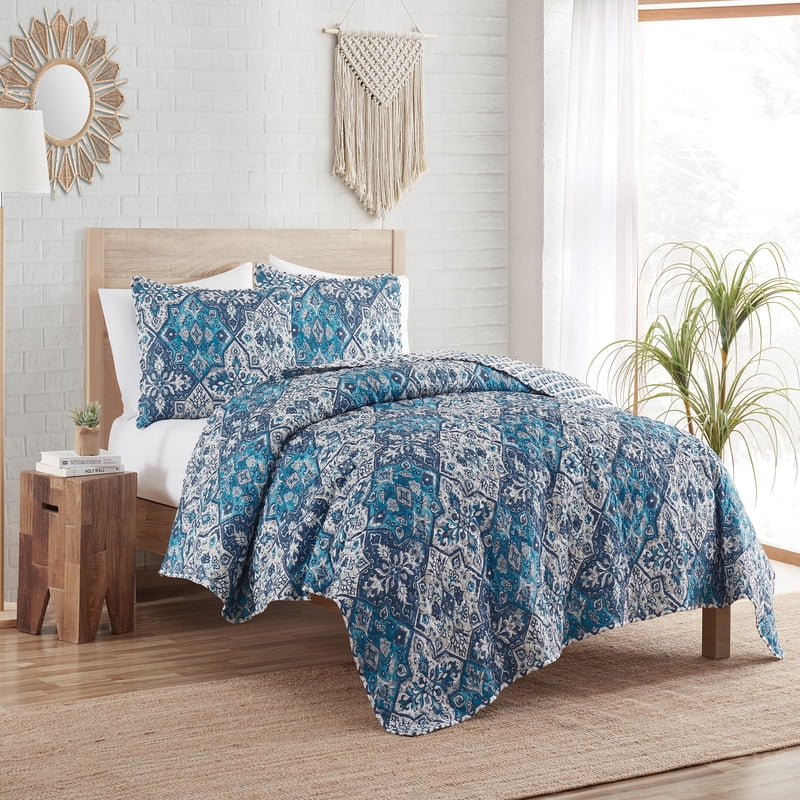 Twin Reversible Boho Quilt Set - Blue Medallion & Damask Prints, 3 Piece