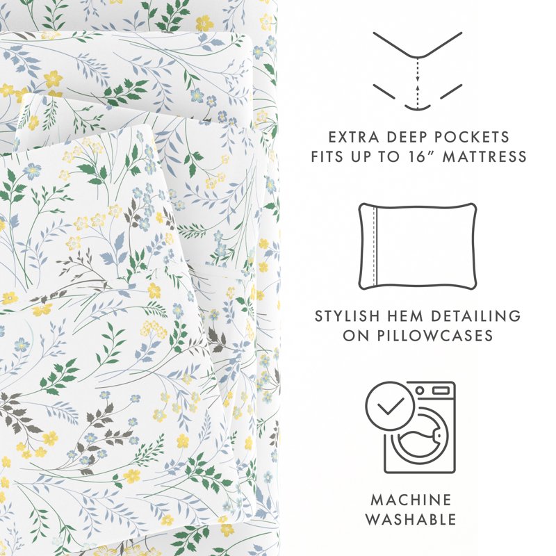 Twin Microfiber Bed Sheets Set with Wildflower Pattern - Light Blue