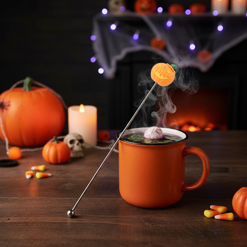 Halloween Orange Stainless Steel Cocktail Mixing Spoon with Ghost Witch Bat Pumpkin