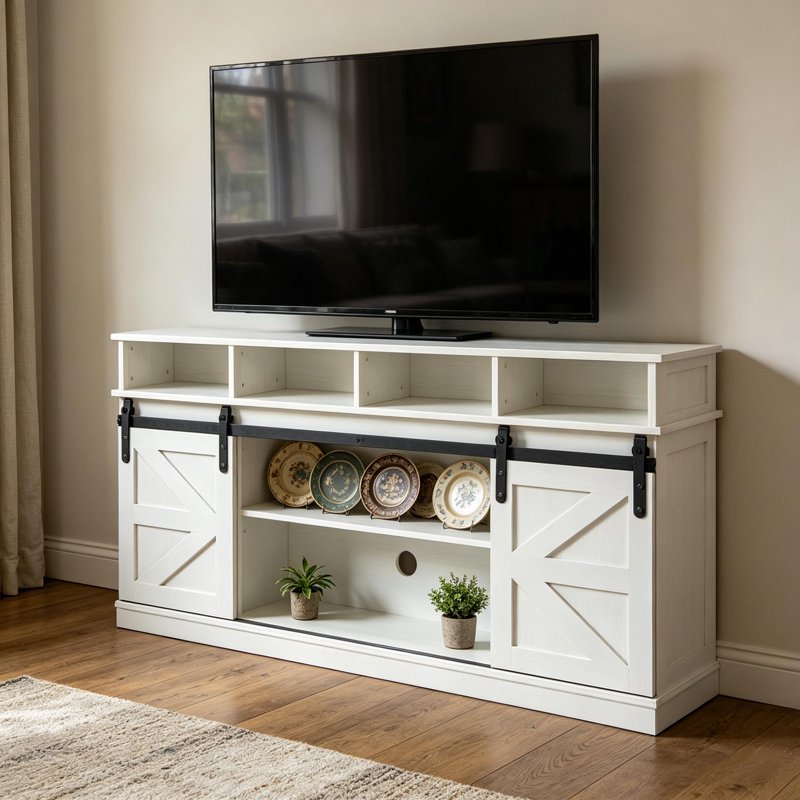 Farmhouse Sliding Barn Door TV Stand - Adjustable Shelves, Fits 65" TVs