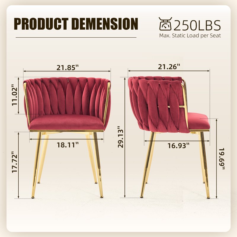 Velvet Dining Chairs Set of 2 - Wine Red with Metal Legs
