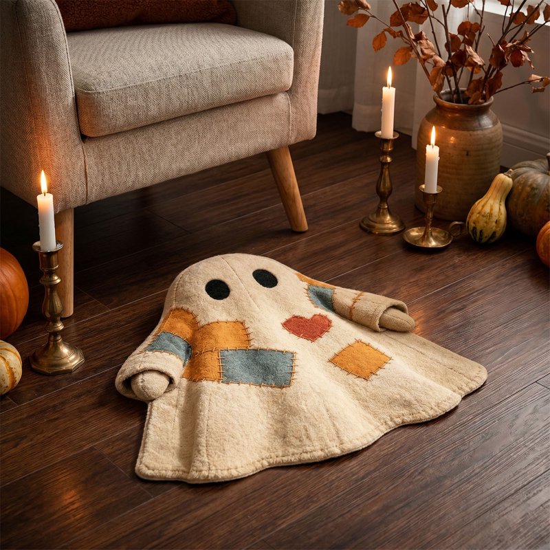 Black Ghost Shaped Doormat with Patchwork Vintage Stitching Halloween Entrance Rug