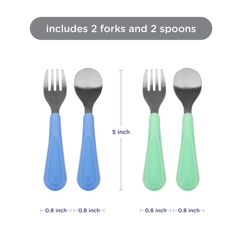 Stainless Steel Toddler Utensil Set - 2 Forks & 2 Spoons, Polaris Blue & Sugar Snap Green