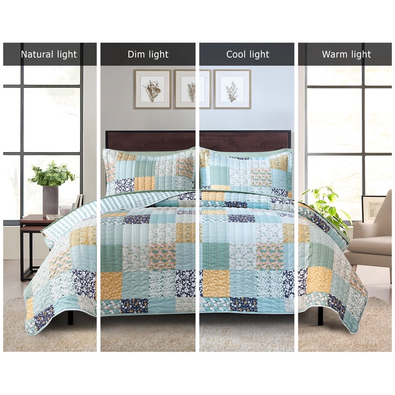 King Patchwork Quilt and Sheet Set - Lightweight All-in-One Bedding, 7 Pieces