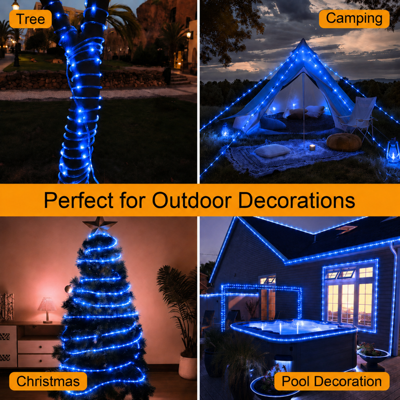 Blue Solar Rope Lights Outdoor Waterproof 100LED Tube String with USB Rechargeable Timer