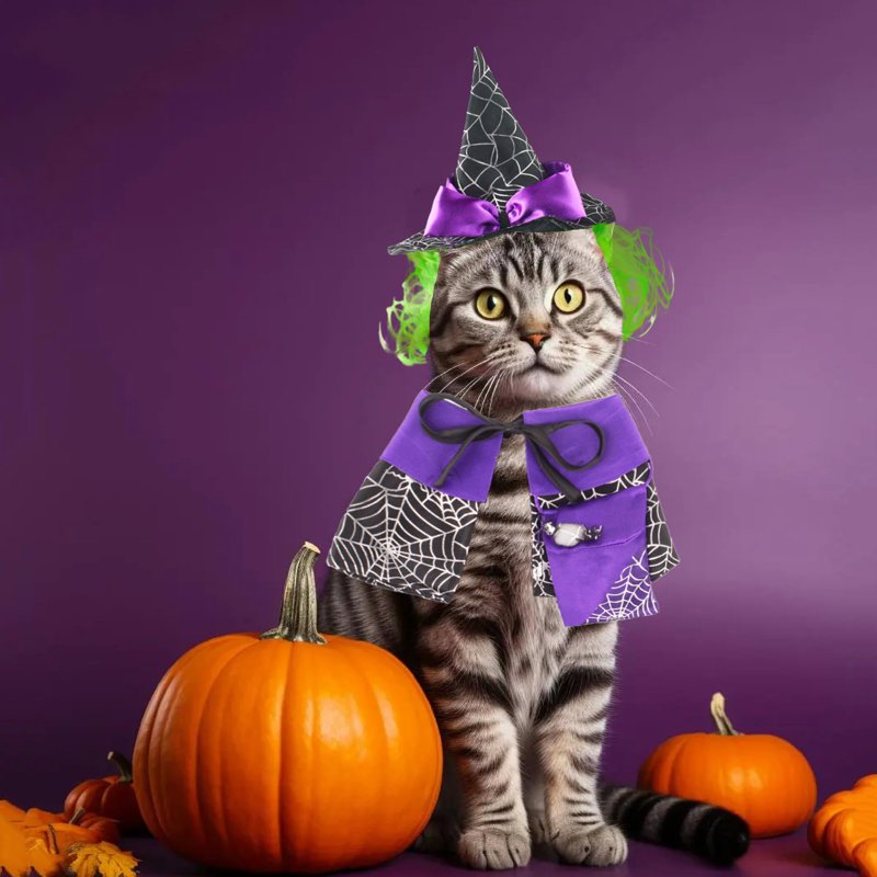 Pet Halloween Costume Witch Cloak & Hat Set for Cats & Dogs - Size L