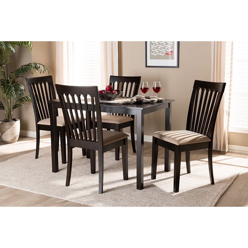 5-Piece Dining Set - Sand Fabric Upholstered with Espresso Brown Wood