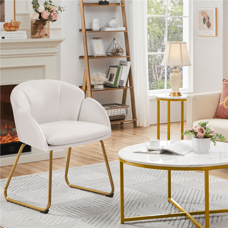 Flower Shape Velvet Accent Chair with Gold Metal Legs - White