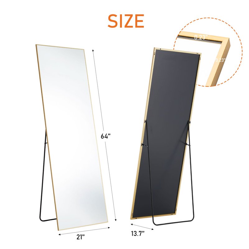 64-Inch Full Length Floor Mirror - Gold Aluminum Frame, Standing & Bracket