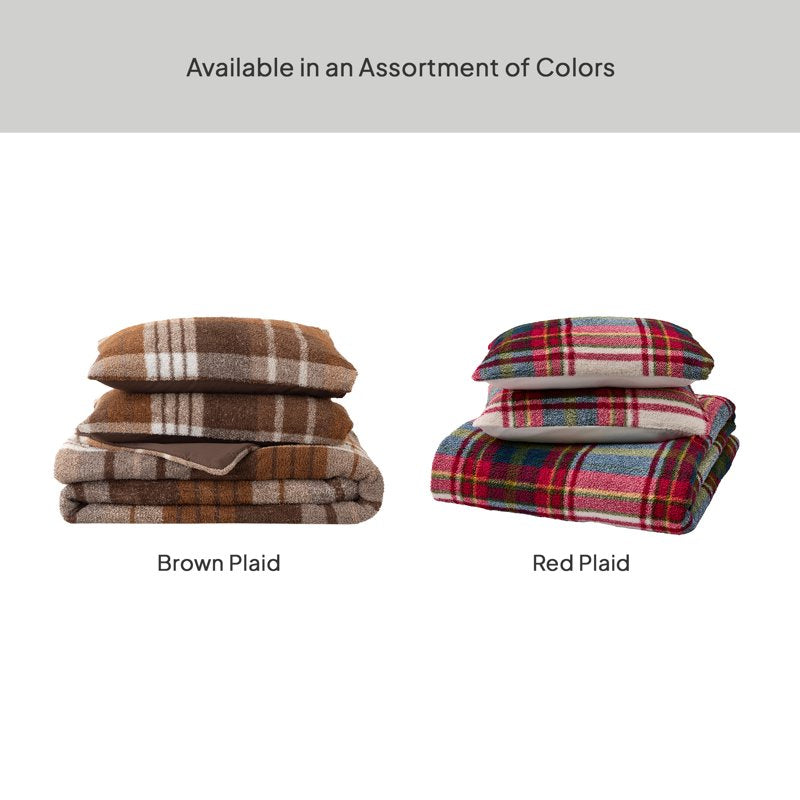 King Brown Plaid Cozy Knit Comforter Set - Plush Microfiber Bedding
