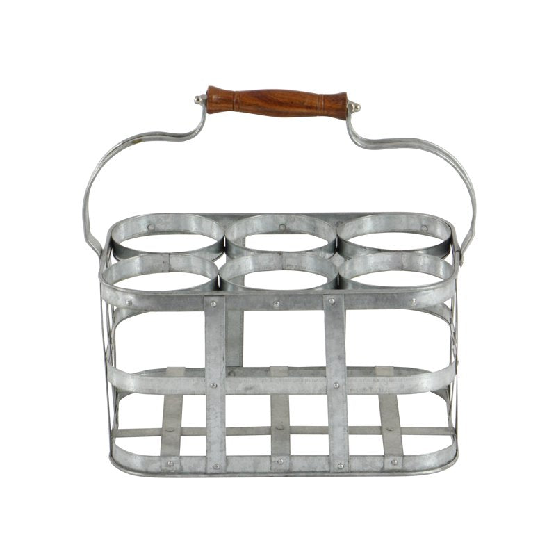 Metal Wine Holder - Gray Galvanized 6 Bottle Caddy - 13" x 7"