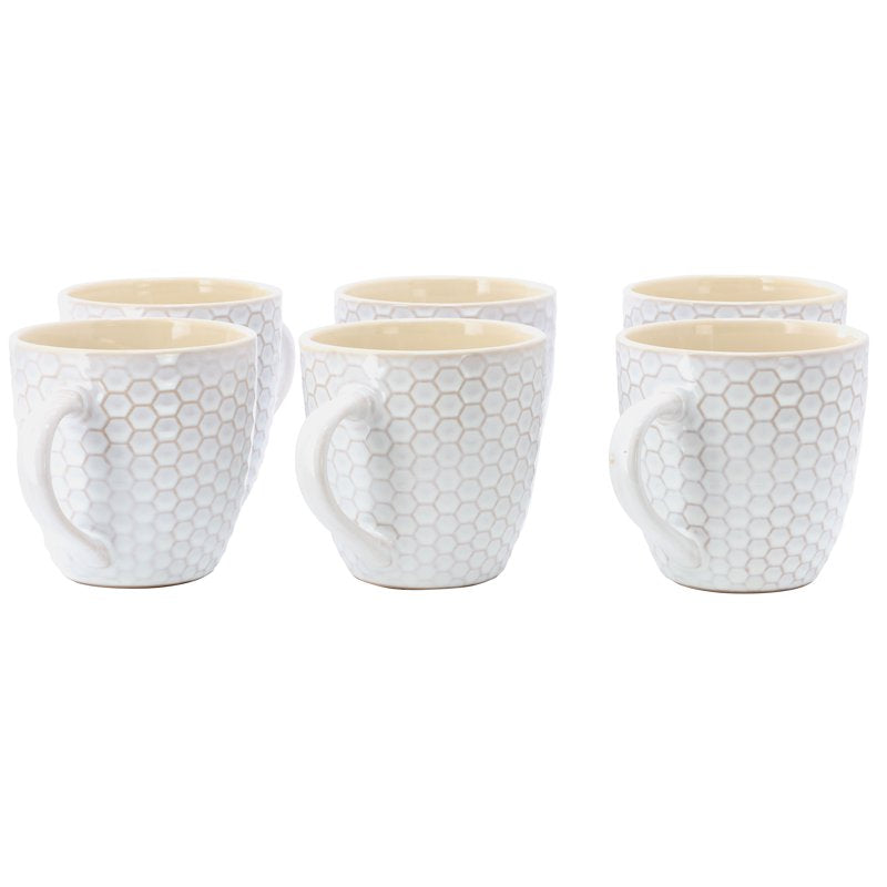 Honeycomb Mug Set - 6 Durable 15 Oz Mugs in White