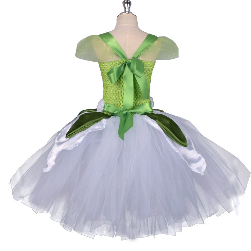 Kids Girls Halloween Costume Dress with Headband - Black & White Striped Tulle Tutu, Green Crown, 5-6 Years