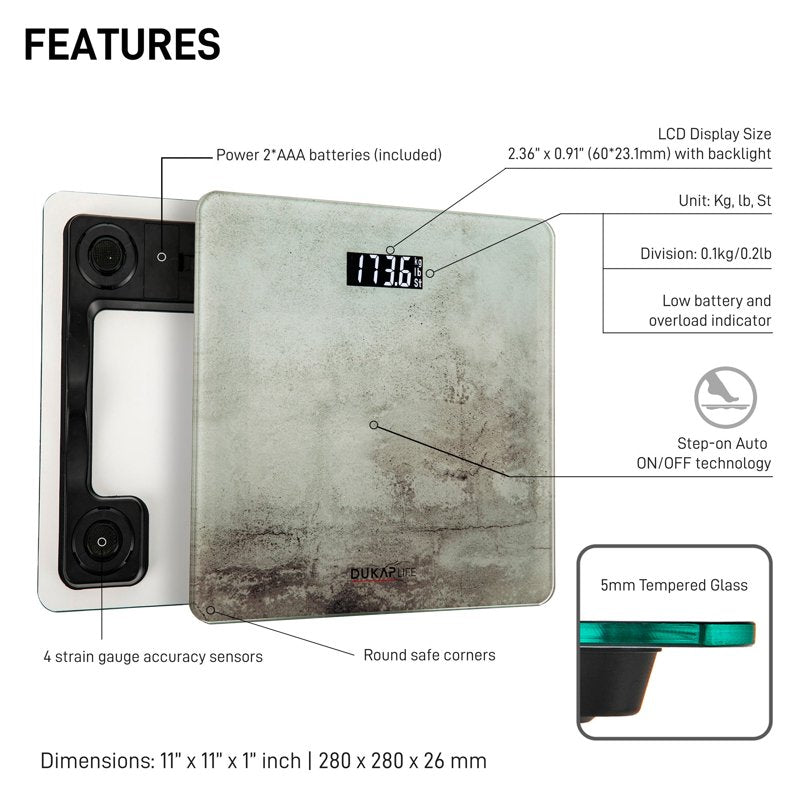 Digital Bathroom Body Weight Scale - Grey Concrete Design, 400lb Capacity