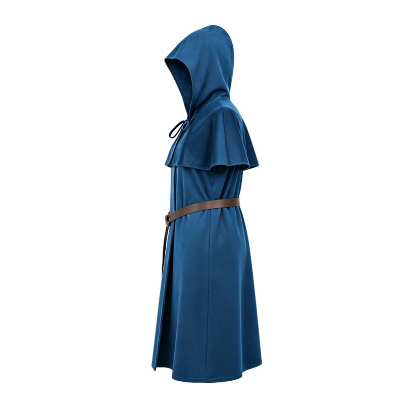 Medieval Monk Robe Hooded Cloak Costume Set with Belt Blue XL - Renaissance Cosplay