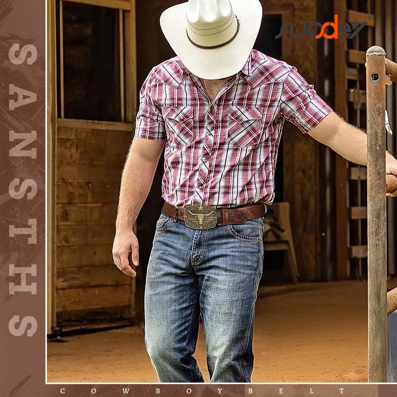 Western Leather Cowboy Belt for Men Women 39-42 Inch Waist Bull Head Variation