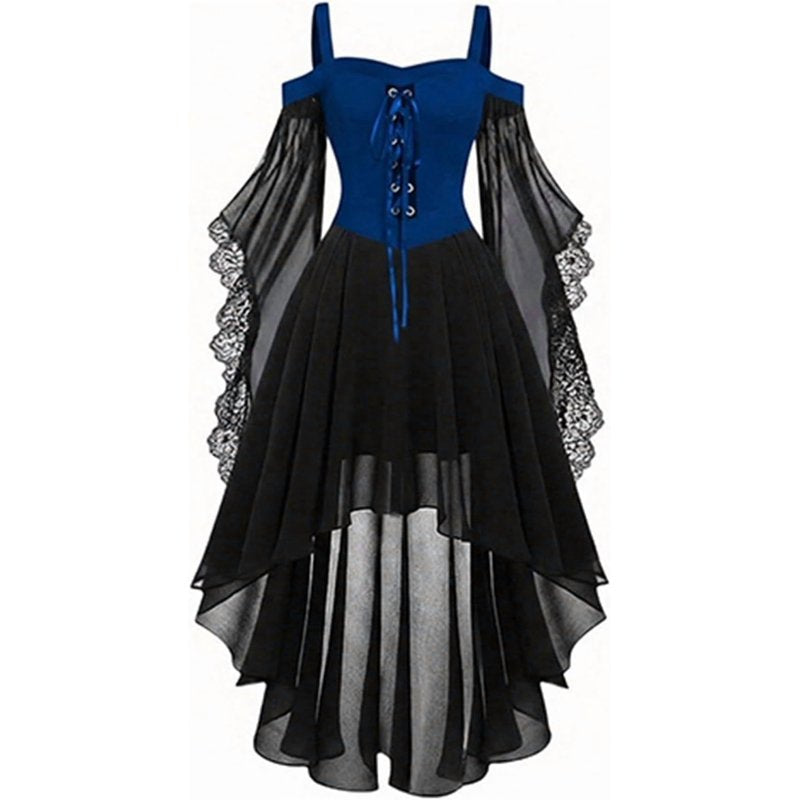 Blue Gothic Witch Dress with Butterfly Sleeves for Adults Halloween Costume - Large