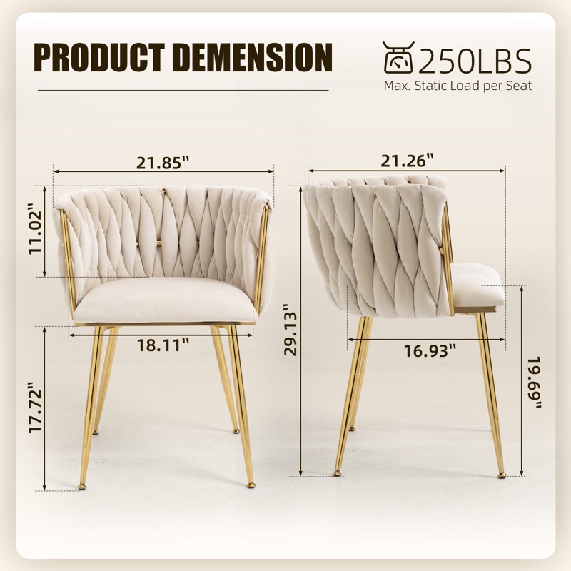 Velvet Dining Chairs Set of 2 - Beige with Metal Legs