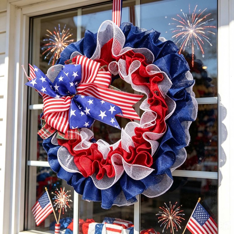 Patriotic 4th of July Wreath for Front Door - Independence Day Decor - Variation Z0H