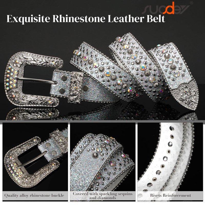 Sparkly Rhinestone Western Cowboy Belt for Women Men - Silver, Fits Waist 40-44"