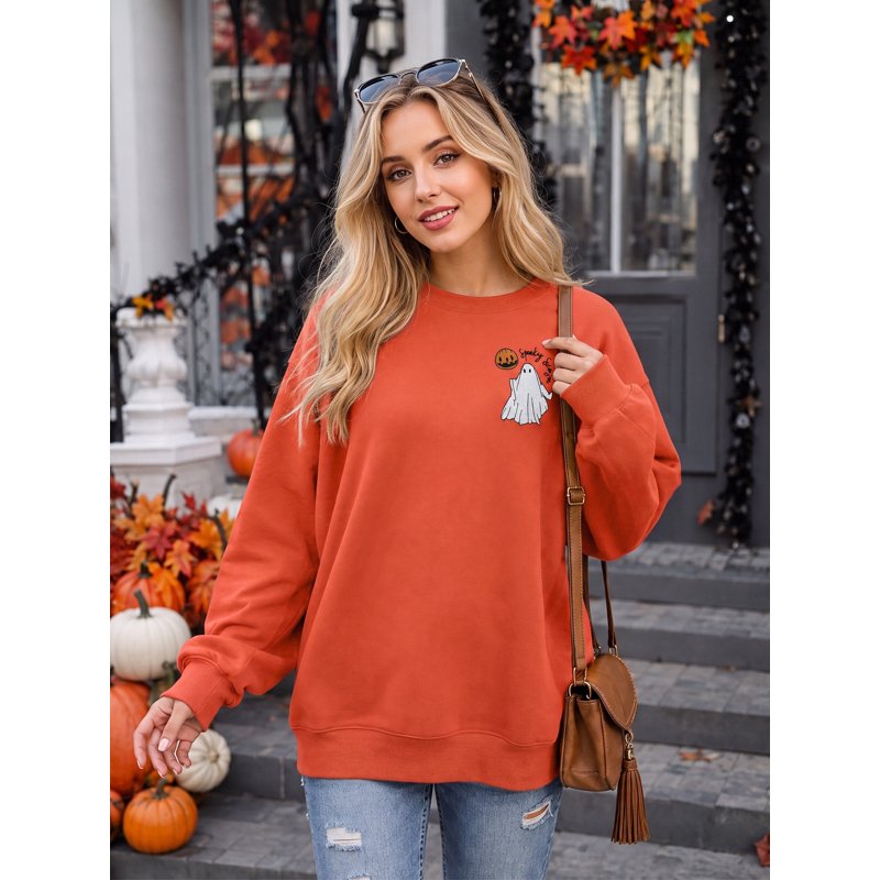 Halloween Pumpkin Sweatshirt Women Spooky Season Long Sleeve Pullover - Orange XXL