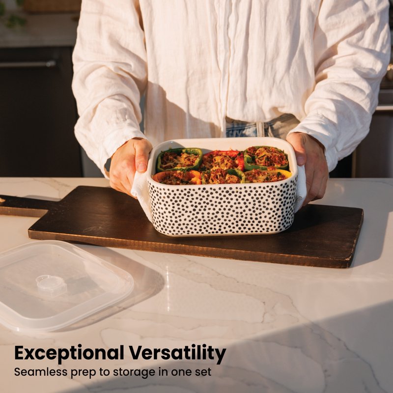 4-Piece Rectangular Ceramic Baking Dish Set with Lids - Dot Design