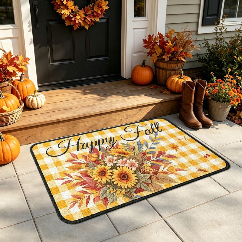 Thanksgiving Doormat with Fall Flowers Non-Slip Indoor Outdoor Decoration - U