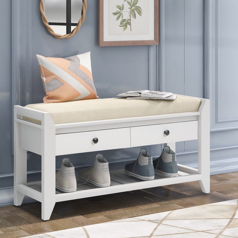 35" Shoe Rack Storage Bench with Cushioned Seat and Drawers