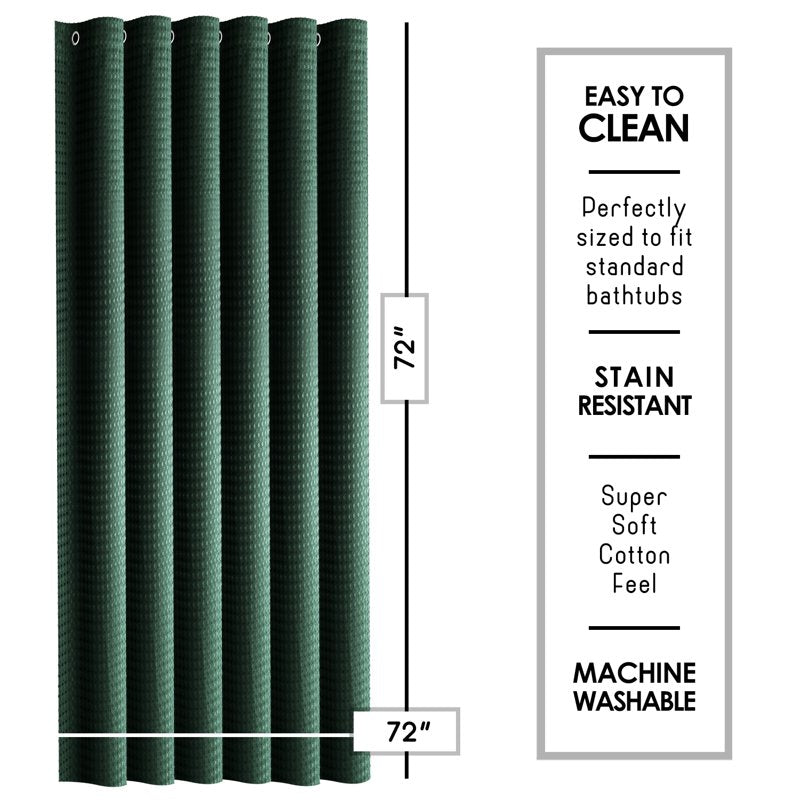 Hunter Green Waffle Shower Curtain - Heavy Duty 72x72 Inch Bathroom Fabric, Luxury Hotel Style, Single