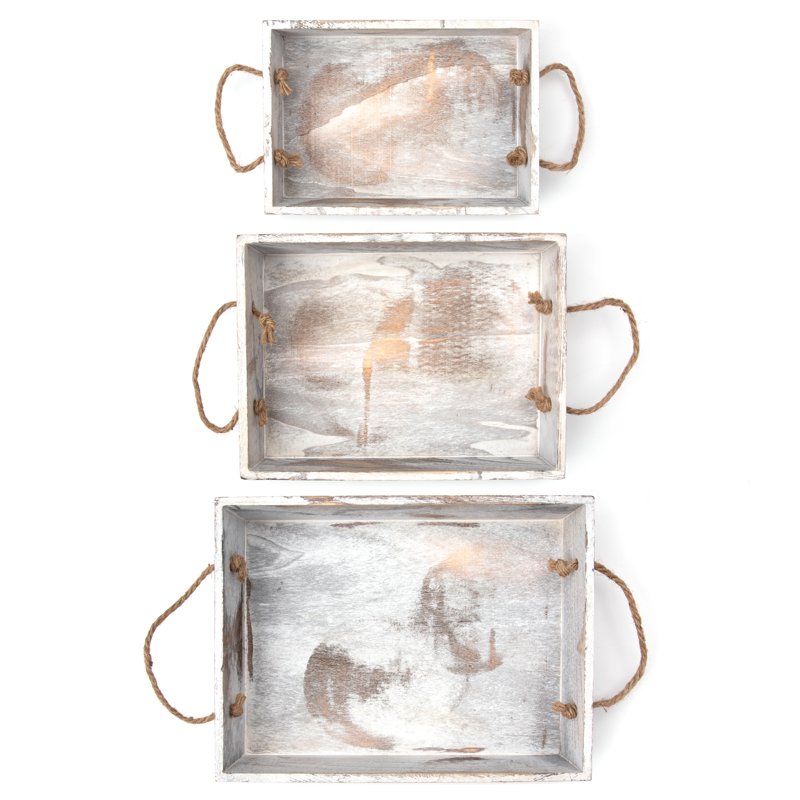 Rustic White Wash Nested Tray Set - 3 Pieces, Multiple Sizes