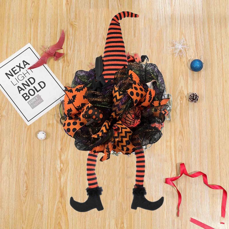 Halloween Wreath for Front Door with Witch Hat Legs - Indoor Outdoor Decoration - Variation 1-B