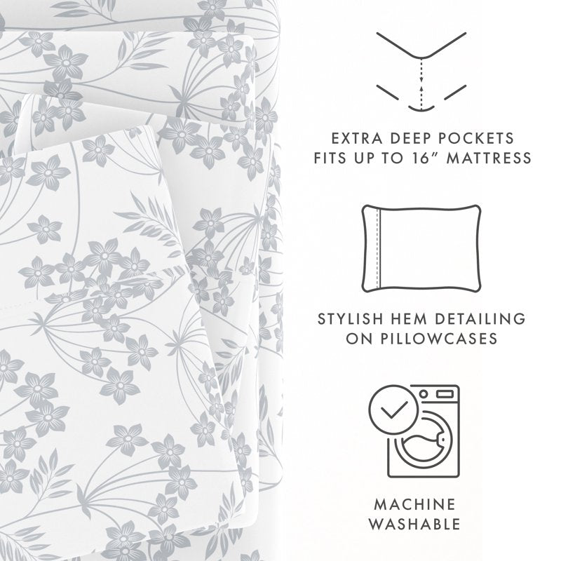 Full Microfiber Bed Sheets Set with Chantilly Lace Pattern - Light Blue