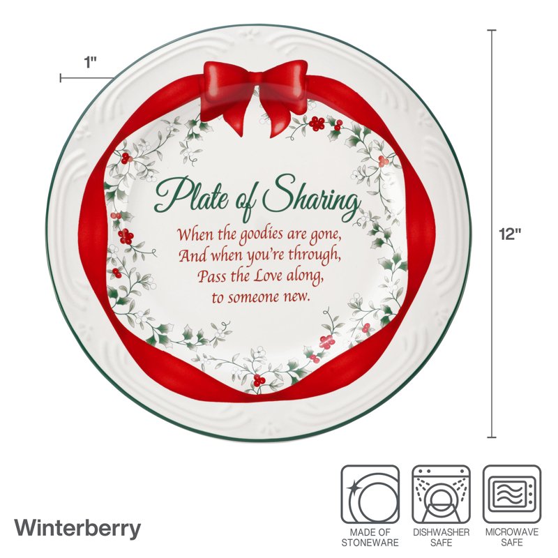 12-Inch Winterberry Stoneware Share Plate with Red Ribbon