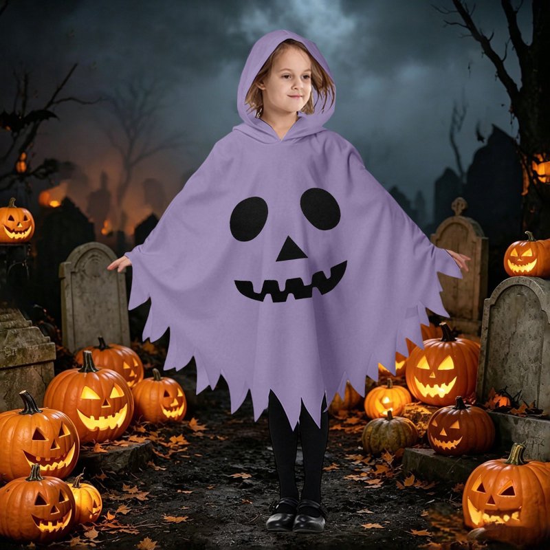 Kids Ghostface Halloween Cape Dress - Unisex Hooded Costume for 10-12 Years, Purple Fancy Dress