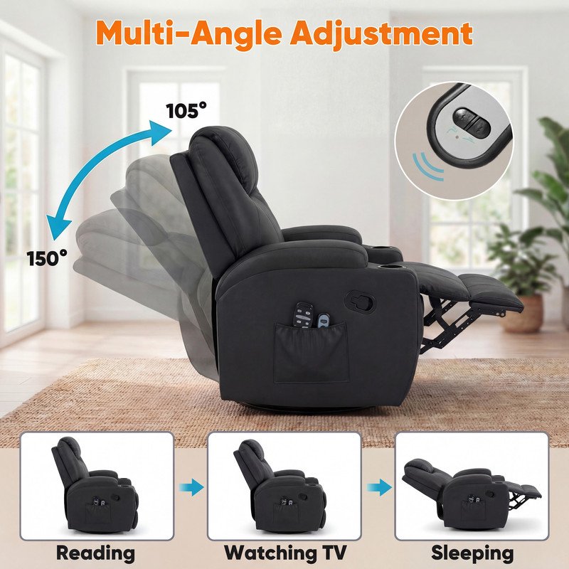 Swivel Rocker Recliner with Massage & Cup Holders - Multiple Colors