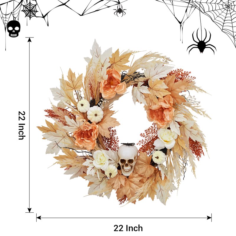 Prelit Halloween & Fall Wreath 22 Inch with Pumpkin, Bone & Maple Leaves
