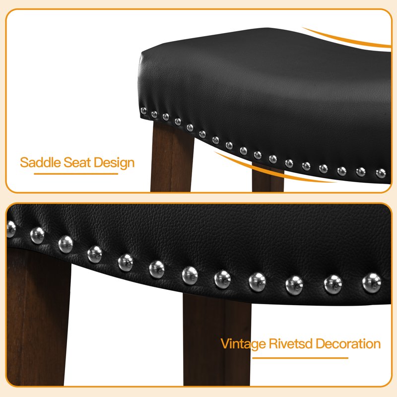 Saddle Bar Stools Set of 2 - 26 Inch Leather Height Stools - Black