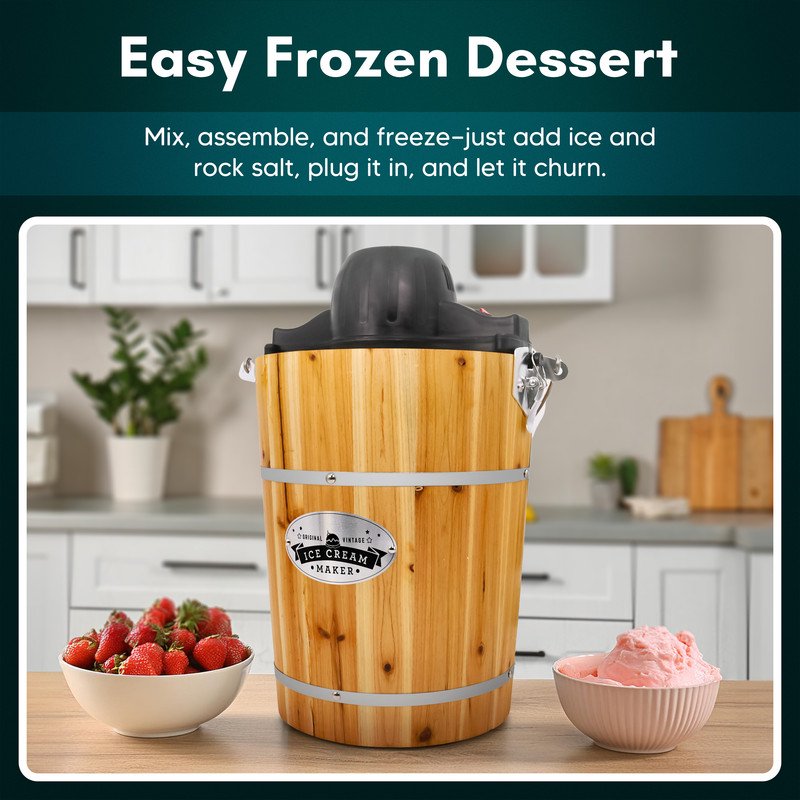 6-Quart Old Fashioned Pine Bucket Ice Cream Maker with Hand Crank