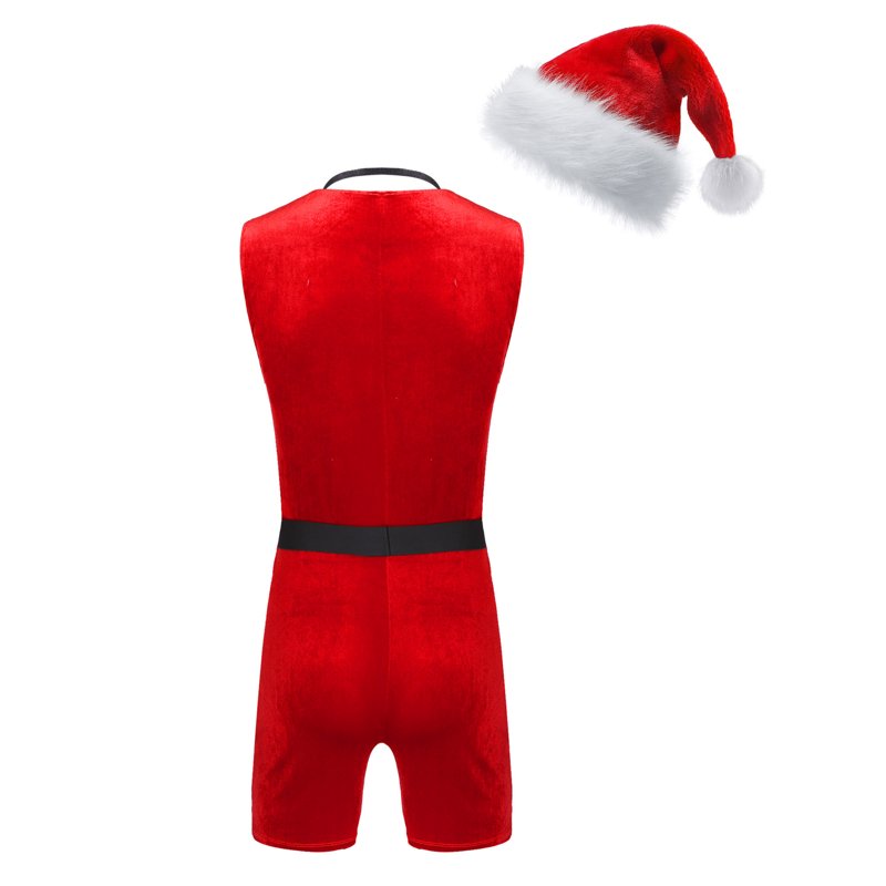 Men's Christmas Santa Claus Cosplay Costume Bodysuit & Hat Set - Red M
