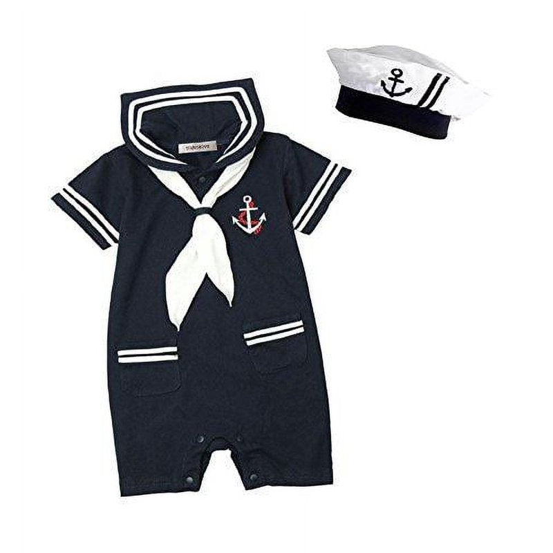 Baby Boy Marine Sailor Romper Set with Hat and Necktie - Blue, 6-12 Months
